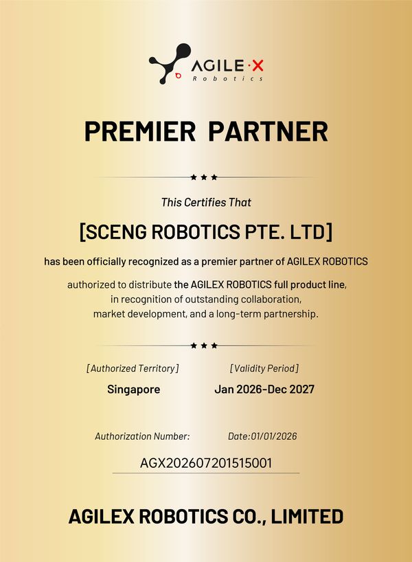 AgileX Robotics Premier Partner Certificate - SCENG Robotics Pte Ltd, authorized distributor of AgileX Robotics full product line in Singapore, valid Jan 2026 to Dec 2027